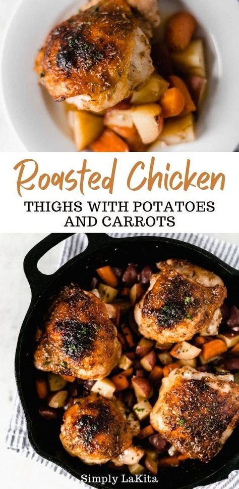 Cast Iron Skillet Recipes Chicken, Cast Iron Chicken Thighs, Chicken Thighs In The Oven, Dutch Oven Chicken Thighs, Cast Iron Chicken Recipes, Cast Iron Roasted Chicken, Chicken Thighs With Potatoes, One Pan Chicken Dinner, Chicken Thighs In Oven