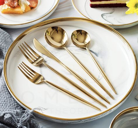 Gold Silverware Set Stainless Steel Gold Flatware Gold Utensils Set Gold Cutlery Set| 5-piece Modern Cubiertos Dorados| best Birthday Wedding Gift (4 sets) Gold Utensils, Spring Lunch, Gold Silverware, Gold Cutlery Set, Cutlery Design, Gold Cutlery, Gold Flatware, Utensils Set, Stainless Steel Cutlery