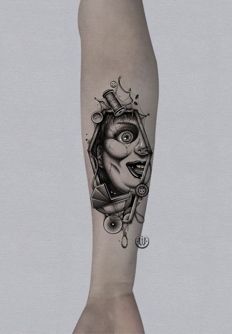 Insidious Tattoo Ideas, Annabelle Doll Tattoo, The Conjuring Tattoo Ideas, Horror Arm Sleeve Tattoo, Conjuring Tattoo Ideas, Annabelle Tattoo Design, Feminine Horror Tattoo, Insidious Tattoo, The Conjuring Tattoo