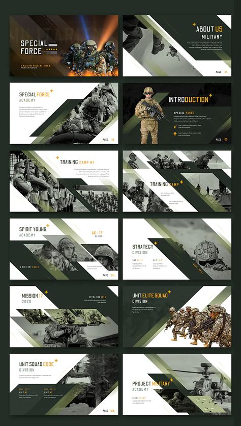 Special Force - PowerPoint Template. 30 unique slides Army Design Graphics, Army Graphic Design, Military Powerpoint, Army Design, Best Presentation Templates, Ui Design Principles, Training Design, Powerpoint Slide Designs, Presentation Design Layout