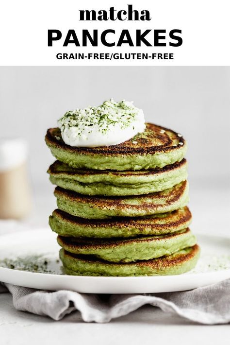 These Matcha Pancakes are completely grain-free, gluten-free and come together in just 15 minutes! They are light and fluffy, and have 10 sneaky grams of protein per serving. #grainfree #glutenfree #matcharecipe #pancakes Matcha Pancakes Recipe, Green Tea Pancakes, Baking Alternatives, Grain Free Pancakes, Matcha Pancakes, Green Pancakes, Light And Fluffy Pancakes, Healthy Pancake Recipes, Pancake Toppings