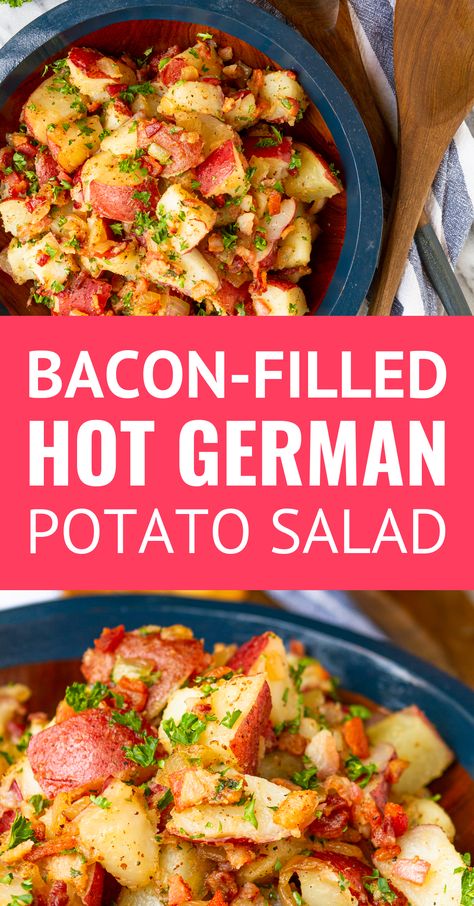 Old-Fashioned Hot German Potato Salad -- this German potato salad recipe makes an ideal summer side dish. Guests will flip for the tangy coarse Dijon apple cider vinegar dressing, along with the crispy fried bacon bits. Serve it hot, warm, or cold at your next cookout! | authentic german potato salad | easy german potato salad | traditional german potato salad #germanpotatosalad #potatosalad #potatorecipes #germanfood #baconrecipes #sidedish #sidedishrecipes #cookoutfood #potatosaladrecipe Easy German Potato Salad, Hot German Potato Salad, Potato Salad Easy, Bavarian Potato Salad, Apple Cider Vinegar Dressing, Authentic German Potato Salad, German Potato Salad Recipe, Fried Bacon, German Food Authentic