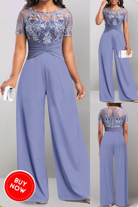 Look effortlessly stylish in this round neck lace dusty blue long jumpsuit! This versatile jumpsuit is perfect for any occasion, from a casual day out to a day at the office. The jumpsuit features a round neck, lace detailing, patchwork design, layered hem, and zipper closure. It has short regular sleeves and wide leg pants. #roundneckjumpsuit #lacejumpsuit #dustybluejumpsuit #longjumpsuit #patchworkjumpsuit #layeredjumpsuit #casualjumpsuit #workjumpsuit #everydayjumpsuit #bestdressed Jumpsuits Designs, Modern Blouse Designs, Long Jumpsuit, Designer Jumpsuits, Jumpsuit Elegant, Stylish Party Dresses, Fashionista Clothes, Special Occasion Outfits, Evening Outfits