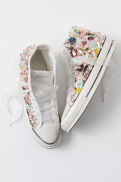 Cute Women's Trendy Sneakers: Running, Walking & More | Free People Shoe Embroidery, Boots Diy, Embroidered Converse, Hi Top Sneakers, Beaded Shoes, Upcycle Clothes Diy, Floral Sneakers, Sugar Sugar, Embroidered Shoes