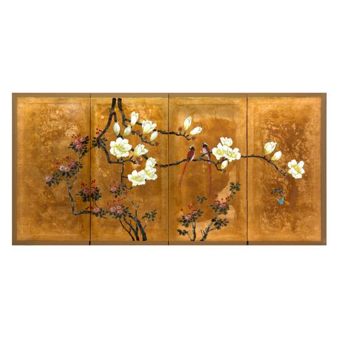 Love Birds Nest, 4 Piece Painting, Chinoiserie Panels, Asian Sculptures, Two Love Birds, Japanese Screen, Cherry Blossom Trees, Decoupage Art, Leaf Wall Art