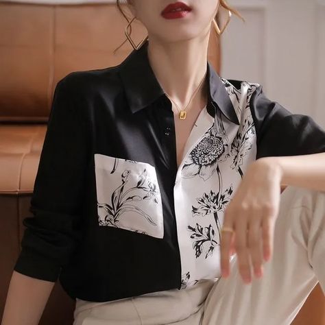 Jeonseon - Print Panel Two-Tone Shirt Corporate Shirt Design, Corporate Shirts, Long Sleeves Tops, Vintage Blouses, Acrylic Decoration, Fashion Illustration Tutorial, Womens Trendy Dresses, Stylish Short Dresses, Iranian Women Fashion