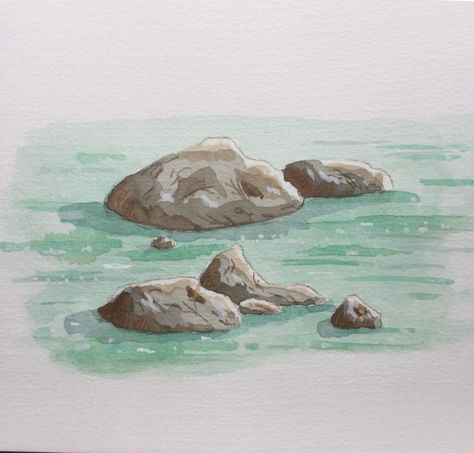 Sea rocks How To Draw Rocks In Water, Sea Rocks Drawing, Rock Drawing Tutorial, Watercolour Rocks, Rock Watercolor, Watercolor Rocks, Watercolor Seascapes, River Drawing, Underwater Drawing