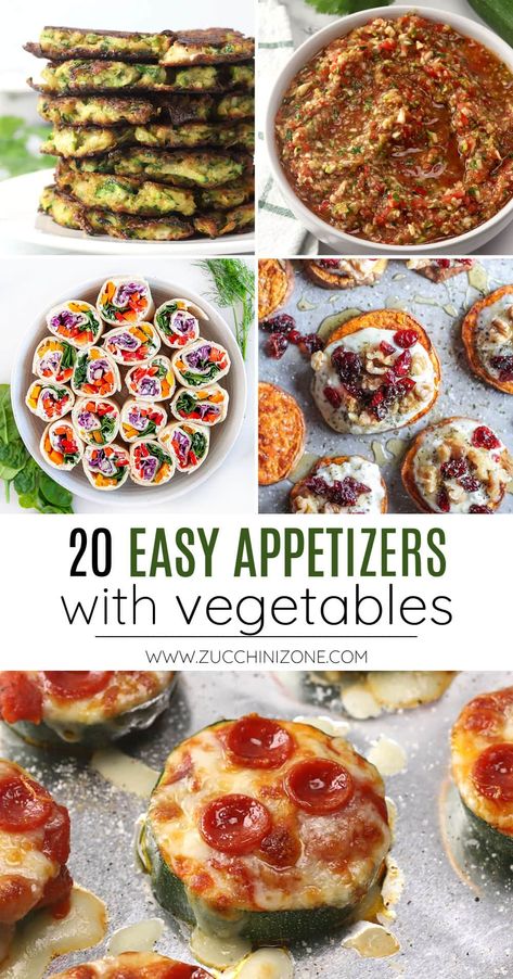 20 easy appetizers with vegetables, a recipe roundup by Zucchini Zone. Today I'm sharing 20 easy appetizers with vegetables. Use seasonal produce and add a pop of color to your appetizer table with one of these easy recipes! #appetizers #vegetables #easyappetizers #partyfood Veggie Party Ideas, Fruit And Vegetable Appetizers, What To Do With Leftover Veggie Tray, Veggie Apps Appetizers, Fruit And Veggie Appetizers, Vegetable Horderves Appetizers, Finger Food Vegetables, Veggies For Party Appetizers, Vegetable Appetizers Easy