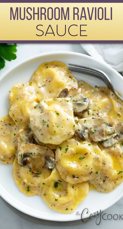 ravioli with a mushroom sauce Maggianos Mushroom Ravioli Recipe, Easy Ravioli Sauce Simple, Mushroom Ricotta Ravioli, Chicken Mushroom Ravioli, Homemade Stuffed Ravioli, Sauce For Beef Ravioli, Spinach Ravioli Sauce, White Wine Sauce Pasta, Tortellini Sauce Recipes