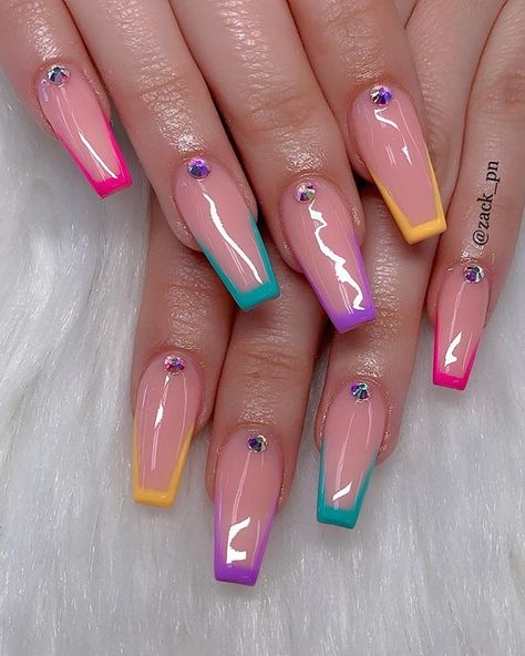 Look cute with summer color 😉🤗#nailpro #nailpolish #naildesigns #nails #coffinnails #swarovski #nailsofinstagram #nailart #nailtech… Multi Color Nail Ideas, Blinged Nails, Rainbow Nail Ideas, California Nails, Little Cat, Summer Acrylic Nails, Rainbow Nails, Rainbow Glitter, Short Nail Designs