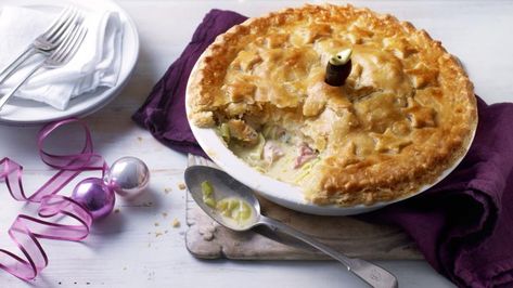 ► Paul Hollywood Leftover Turkey and Ham Pie Recipe: flour, salt, butter, leeks, orange, medium sherry, chicken stock, wholegrain mustard, leftover turkey, ham, fresh tarragon, cream, egg, salt & white pepper. Mix flour & salt. Rub in butter. Add cold water to form dough. Roll into rectangle. Grate frozen butter over bottom 2/3rds. Fold like puff pastry. Turn 90°, roll out, repeat with remaining frozen butter. Rest 30 mins. Fill pie dish, cool. Roll pastry ¼" thick. Make pastry lid, cut steam ho