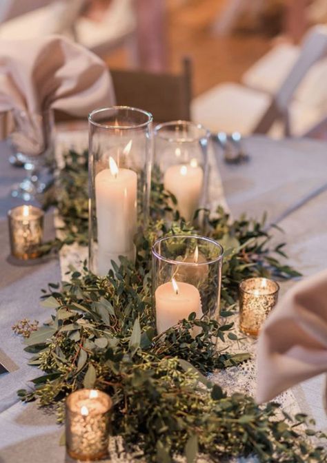 Glass Candle Centerpieces Wedding, Lanterns And Candles Wedding, Candle Ideas For Wedding Tables, Glass Bowl Candle Centerpiece, November Wedding Greenery, French Inspired Centerpieces, Boho Modern Table Setting, 2023 Wedding Trends Decor, Candle Flower Wedding Centerpieces