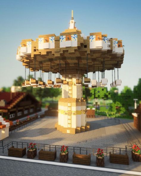 Amusement Park In Minecraft, Marketplace Minecraft Ideas, Minecraft Carnival Rides, Amusment Parks Minecraft, Park Minecraft Ideas, Market Place Minecraft, Minecraft Water Park, Minecraft Ferris Wheel, Minecraft City Center