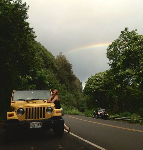 Yellow Jeep Wrangler  Rainbow  Hawaii  Picture ideas Jeep Wrangler Road Trip, Hawaii Jeep Aesthetic, Yellow Jeep Aesthetic, Hawaii Picture Ideas, Old Jeep Wrangler, Yellow Soul, Yellow Jeep Wrangler, Two Door Jeep Wrangler, Yellow Jeep