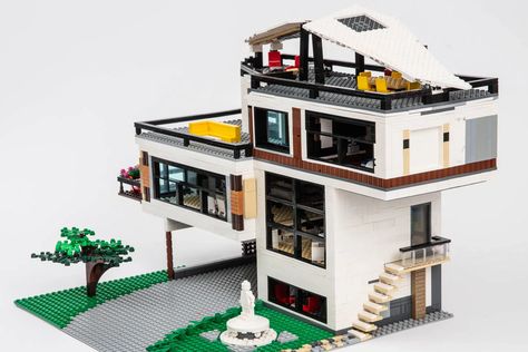 Lego Mansion Ideas, Modern Lego House Ideas, Lego Modern House, Lego House Instructions, Lego Birdhouse, Lego Home, Lego Architecture Building, Lego Mansion, Adult Lego