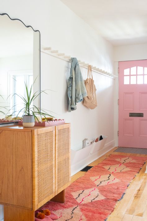 Narrow Entryway Makeover in a Bright & Airy design style. Door colour is Nancy's Blushes from Farrow & Ball, Runner Rug from Mellah, Bar Cabinet (used as a shoe cabinet) from Article, Mirror from Mirror Home Decor Art Fun Entry Way Ideas, Colourful Entryway Ideas, Narrow Hallway Inspiration, Entryway Ideas Eclectic, Post Modern Entryway, Anthropologie Entryway, Entryway In Kitchen, Mid Mod Entryway, Eclectic Entryway Decor