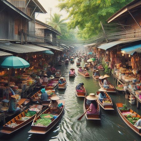 Thai Travel, Floating Market, Travel Store, Room Painting, City Painting, Living Room Paint, Thailand Travel, Fresh Produce, Farmer