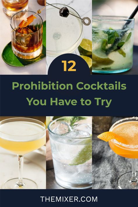 Prohibition might be known as the dry era, but ironically some of the world’s best cocktails were invented during these thirsty years. Step back in time with us as we explore 12 of the most popular prohibition cocktails that are still as legit today as they were back in the Roaring Twenties. Speakeasy Cocktails Recipes, Gatsby Drinks Cocktails, Prohibition Cocktails, Prohibition Cocktails Speakeasy Bar, Prohibition Era Cocktails, Gin Cocktails Empress, Cheap Liquor, Romantic Drinks, Sidecar Cocktail