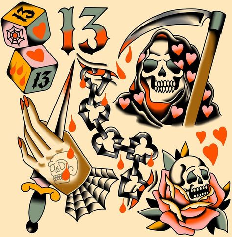 Friday The 13th Flash, Traditional Tattoo Flash Sheets, Art Deco Tattoo, Friday The 13th Tattoo, Traditional Tattoo Flash Art, Traditional Tattoo Inspiration, Traditional Tattoo Flowers, Friday 13th, Traditional Flash