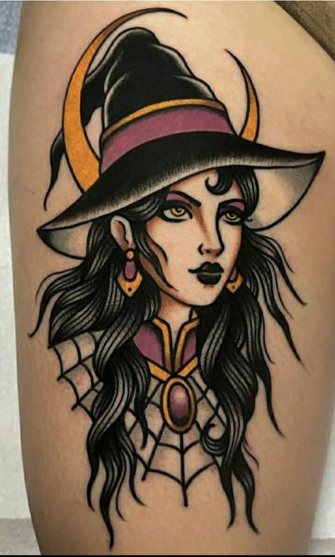 Neo Traditional Vampire Tattoo, Bat Pinup Tattoo, Halloween Trad Tattoo, Traditional Tattoo Disney, Halloween Elbow Tattoo, Trad Halloween Tattoo, Dia Los Muertos Tattoo, Old School Halloween Tattoo, Flying Witch Tattoo