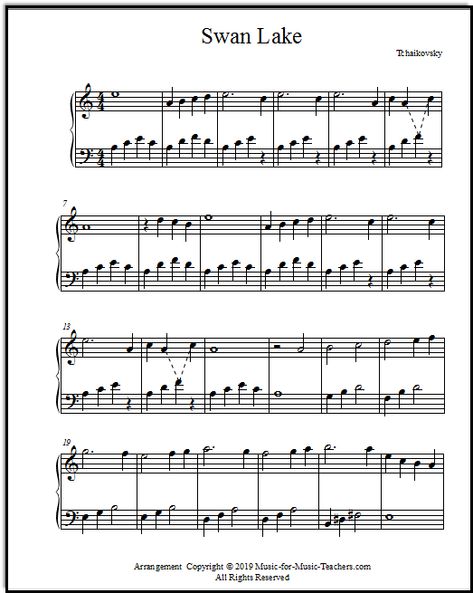 Swan Lake theme, for intermediate or late elementary piano, with broken chords and inversions. Swan Lake Piano Sheet Music, Easy Classical Piano Sheet Music, Swan Lake Piano, Swan Lake Sheet Music, Piano Sheet Music Beginners, Piano Songs For Beginners, Beginner Piano Music, Free Printable Sheet Music, Piano Sheet Music Classical