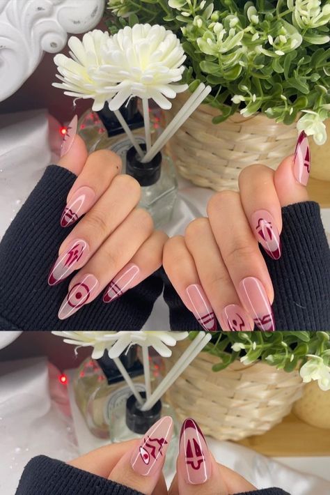 Sukuna Nails, Almond Acrylic Nails Designs, Themed Nails, Witch Nails, Anime Nails, Goth Nails, Girly Acrylic Nails, Inspired Nails, Creative Nail Designs