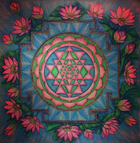 Sri Yantra, Lotus, Flowers, Green, Pink, Blue