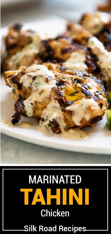 Tahini Marinated Chicken, Mediterranean Marinated Chicken, Chicken And Tahini Recipes, Recipe Using Tahini, Lemon Tahini Chicken, Chicken Tahini Recipes, Mezeh Mediterranean Grill Recipes, Tahini Recipe Dinners, Yogurt Marinated Chicken Breast