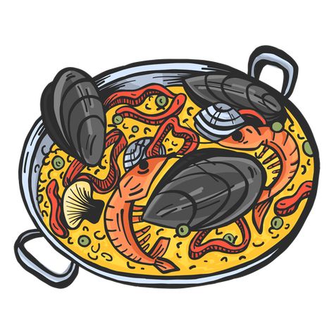 Paella Drawing, Seafood Doodle, Paella Food Photography, Spanish Dish Paella, Valencia Paella, Catalan Recipes, Paella Party, Mo Design, Spanish Food