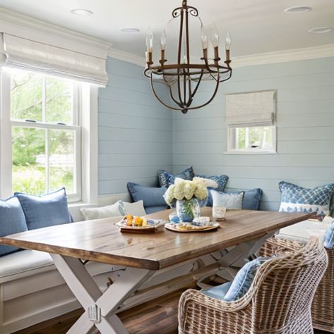 Coastal breakfast nook Coastal Breakfast Table, Coastal Kitchen Nook, Coastal Breakfast Nook, Coastal Breakfast, Farmhouse Coastal Kitchen, Cottage Breakfast, Kitchen Nook Decor, Bathroom Dream, Booth Seating In Kitchen