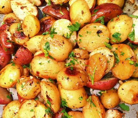 Greek-Style Lemon Garlic Roasted Potatoes | FRESH HARVEST BLOG Lemon Garlic Potatoes, Greek Style Chicken, Souvlaki Recipe, Garlic Roasted Potatoes, Greek Potatoes, Chicken Souvlaki, White Balsamic, Garlic Potatoes, Lemon Olive Oil