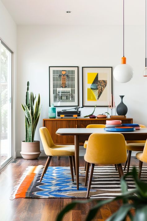 Use these tips to get the perfect mid-century modern dining room in your home. Artsy Mid Century Modern, Dinning Room Ideas Mid Century Modern, Mid Century Bauhaus Interior, Mid Century Styling, Mid Century Modern Thanksgiving Decor, Retro Dinner Table, Cool Airbnb Decor, Mid Century Modern Styling, Mid Century Furniture Design