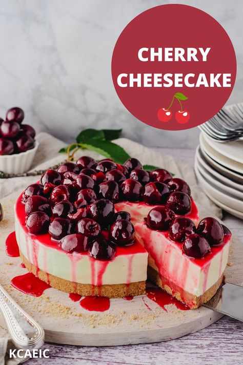 Taking a slice of cherry cheesecake with fresh cherry topping, with a stack of plates and forks and fresh cherries in the background. Cherry Cheesecake Topping, Easy No Bake Cherry Cheesecake, Cherry Cheesecake No Bake, Lime Cheesecake No Bake, Cherry Topping For Cheesecake, Cheesecake Topping, Philadelphia Cheesecake, No Bake Cherry Cheesecake, Cheesecake No Bake