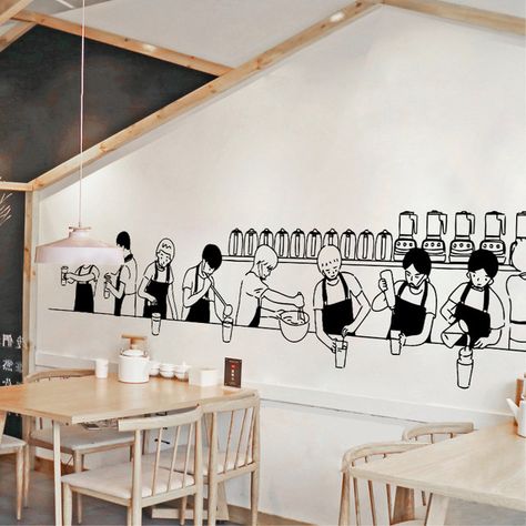 Wall Designs For Cafe, Art For Cafe Wall, Cafe Interior Wall Art, Wall Art For Restaurants Interior Design, Coffee Shop Mural Wall, Coffee Shop Mural Ideas, Wall Design For Cafe, Cafe Mural Ideas Coffee Shop, Restaurant Wall Painting Art