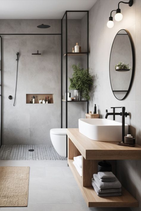 Discover how to maximize functionality in small bathrooms with sleek, minimalist designs. Learn space-saving tricks and storage solutions for a clutter-free oasis. Bathroom Ideas Small Minimalist, Cute Minimalist Bathroom, Simple Modern Small Bathroom, Simple Modern Bathroom Design, Minimalist Bathroom Design Small Spaces, Small Restroom Design, Modern Restroom Ideas, Tiny Modern Bathroom, Easy To Clean Bathroom Design