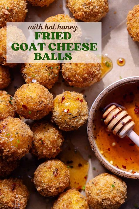 Fried Goat Cheese Balls - Short Stack Kitchen Fried Goat Cheese With Hot Honey, Goats Cheese Balls, Goat Cheese Balls Air Fryer, Goat Cheese Balls Recipes, Fried Goat Cheese Balls Air Fryer, Stacked Appetizers, Sur Goat Cheese Balls Recipe, Crispy Goat Cheese, Fried Goat Cheese Balls