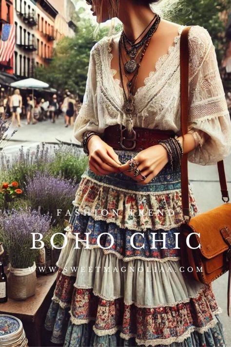 Boho Decor + Fashion: Mastering Boho Dresses and Interiors - Sweet Magnoliaa Elegant Boho Outfit, Boho Clothes For Older Women, Curvy Boho Fashion, Bohemian Outfits Winter, Chic Boho Outfits, Boho Fashion Over 50, Bohemian Style Outfits, Gypsycore Fashion, Bohemian Style Winter