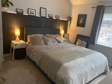 Black Bedroom Panelling Wall, Bedroom Panelling Grey Headboard, Bedroom Grey Panelling, Panelled Half Walls Bedroom, Dark Grey Wall Panelling, Dark Grey Bedroom Panneling, Bedroom Inspirations Neutral And Black, Bedroom Panelling Black, Black Panel Bedroom Wall