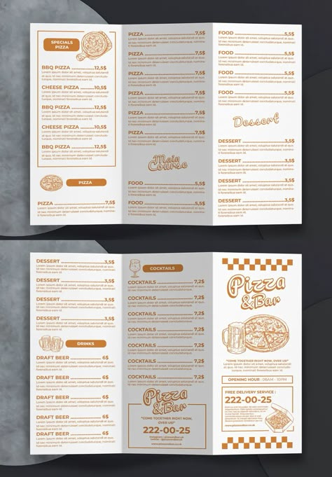 Trifold Menu Design Layout, Food Menu Brochure Design, Tri Fold Menu Design, Trifold Restaurant Menu Design, Menu Trifold, Food Brochure Design Creative, Brochure Menu Design, Menu Brochure, Trifold Menu Design