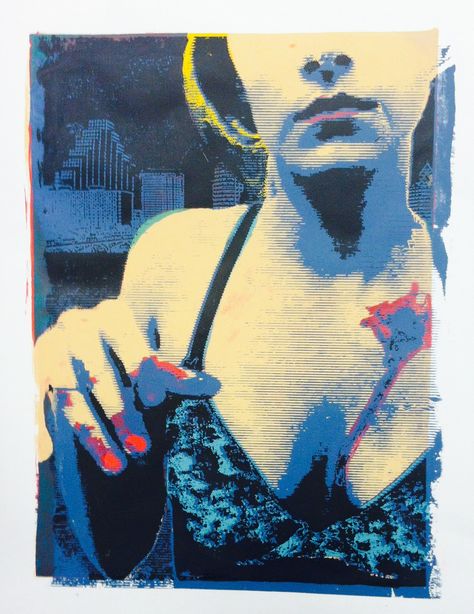 Self-portrait, silkscreen, serigraphy, printmaking, screen printing, Austin skyline, "Bloodshot", Amber Scanio Screen Printing Illustration, Screen Printing Inspiration, Silk Screen Art, Art Deco Tattoo, Woodblock Printmaking, Austin Skyline, Art Alevel, Screen Printing Art, Screen Print Poster