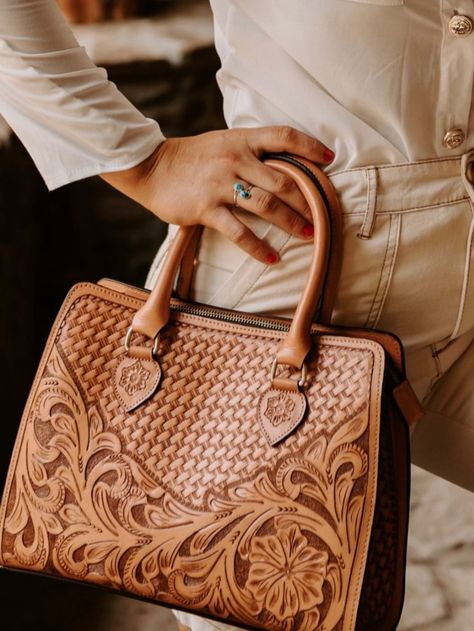 Hand Tooled Floral Leather Mini Tote - Choice of Colors Western Bags Purses, Tooled Leather Handbags, Basket Weave Pattern, Tooled Leather Purse, Rodeo Fashion, Leather Carving, Leather Handbags Women, Handbags Women, Weave Pattern