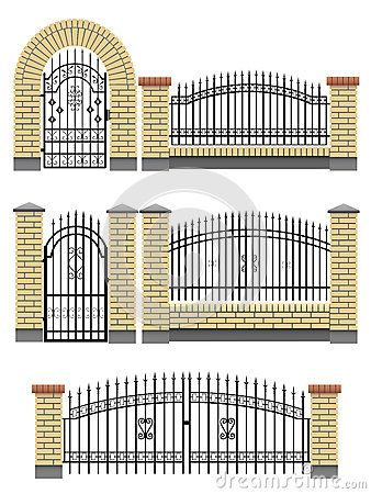 Gate, fences with bricks and metal lattice. by Vertyr, via Dreamstime Metal Lattice, Brick Columns, Fence Gate Design, Brick Fence, Entrance Gates Design, Iron Gate Design, Steel Gate, Wrought Iron Fences, Front Yard Fence