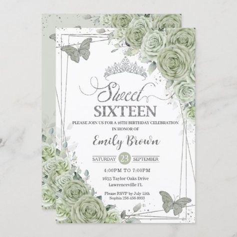 $2.8 - Sage Green Floral Butterflies Silver Sweet Sixteen - elegant stylish sweet girly invitation, delicate pastel roses flowers, soft sage green floral greenery, chic silver princess tiara crown, butterflies, 16th birthday party invitation, sweet 16 sixteen printed invites, budget economical cards, silver glitter typography, modern geometric Girly Invitation, Sweet Sixteen Themes, Green Quinceanera Theme, Invitation Sweet 16, Forest Invitation, Sweet 16 Themes, Quince Invitations, Butterfly Invitations, Green Invitations