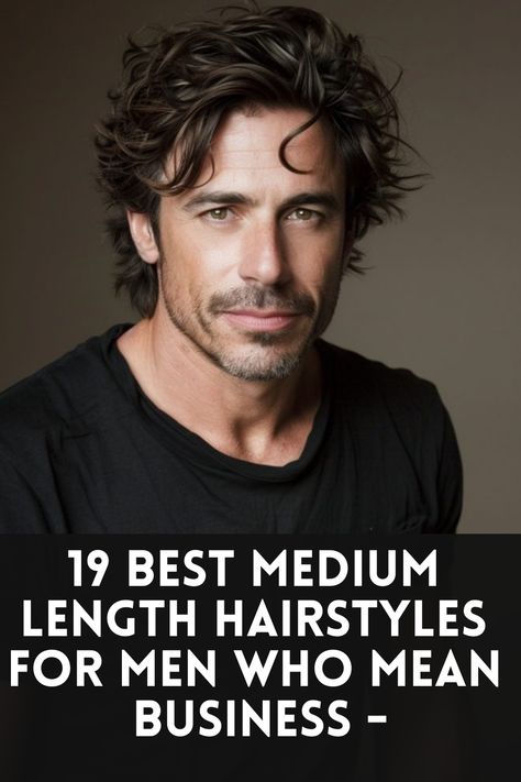 Man with medium-length, messy hairstyle in a black shirt, accompanied by the text "19 Best Medium Length Hairstyles for Men Who Mean Business". Men's Hairstyle Medium Length, Haircut Trendy Mens, Mid Length Hair On Men, Flow Hairstyles For Men, Thick Medium Length Hair Men, Greasy Hair Hairstyles Men, Medium Men’s Hairstyles, Layered Haircuts Men Medium, Flo Hairstyle Men