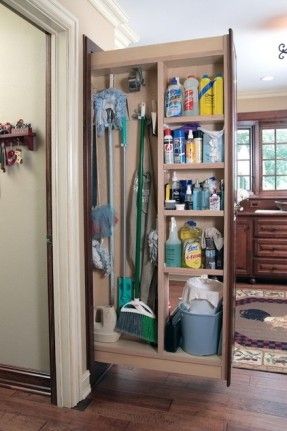 Everyone needs a broom closet; here the brooms, mops and cleaning supplies are very efficiently housed in a narrow pullout cabinet. Everythi... Tall Narrow Storage Cabinet, Broom Cupboard, Mop Storage, Cupboard Ideas, Cleaning Supply Storage, Narrow Storage Cabinet, Home Organizers, Utility Closet, Kitchen Storage Space