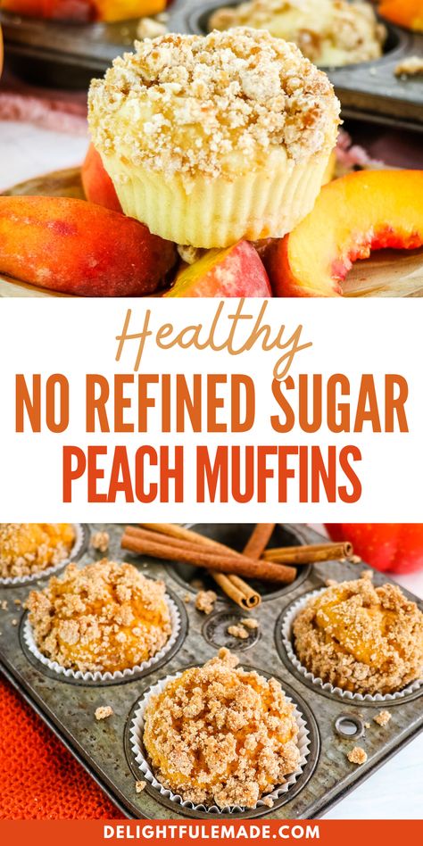 These Healthy No Refined Sugar Peach Muffins are made with much healthier ingredients. Coming in at at just 167 calories a muffin, these are a much better alternative to those other sugar-laden muffins. This peach muffin recipe uses a streusel topping, which lends for a great texture and flavor. However, the topping is option and the muffins can be baked without it. Healthy Peach Muffins Greek Yogurt, Easy Healthy Peach Dessert, Peach Muffins Easy Healthy, High Calorie Muffins, Peach Breakfast Recipes Healthy, Peach Muffins Easy, Peach Yogurt Muffins, Healthy Peach Muffins, Peach Muffins Recipe