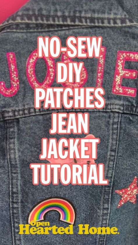 DIY Patch Jean Jacket - How To Bedazzle Jean Jacket, Jean Jacket Decorating Party, Iron On Patches Ideas Clothes Denim, Decorated Jean Jacket Ideas, Diy Patch Jean Jacket, Denim Jacket With Patches Diy, Diy Denim Jacket Patch, Diy Custom Jean Jacket, Diy Patches On Jeans