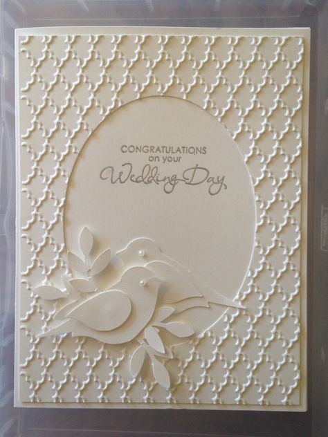 Wedding Card details and how to here: http://www.greetingsbygosia.com/2015/02/two-lovely-white-on-white-cards-very.html Diy Wedding Invitation Cards, Homemade Wedding Cards, Wedding Card Craft, Wedding Day Cards, Wedding Congratulations Card, Homemade Wedding, Wedding Invitation Kits, Wedding Cards Handmade, Lace Wedding Invitations