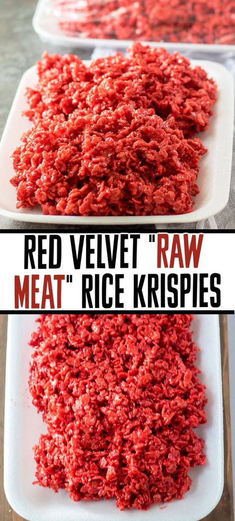 Give your rice krispie treats a spooky upgrade and make these red velvet "raw meat" rice krispie treats! It only takes a few ingredients and a few minutes to put together these tasty Halloween treats but your guests won't forget them! | www.persnicketyplates.com Rice Krispie Raw Meat, Rice Krispies Halloween Treats, Halloween Treats With Rice Krispies, Halloween Treats Spooky, Rice Crispy Meat Halloween, Gross Food Halloween, Red Velvet Rice Krispie Treats Halloween, Halloween Treats For Potluck, Halloween Food Gross