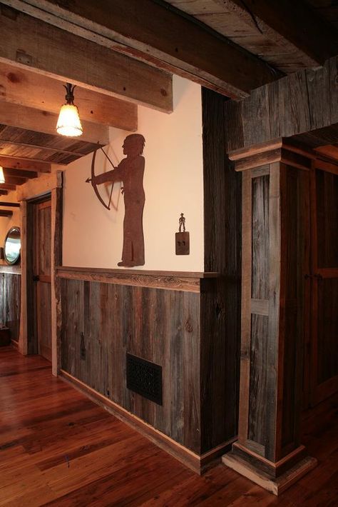 fancy rustic Rustic Wainscoting, Barn Board Wall, Wood Wainscoting, Wooden Accent Wall, Siding Ideas, Barn Wood Decor, Mudroom Flooring, Siding Trim, Rustic Basement